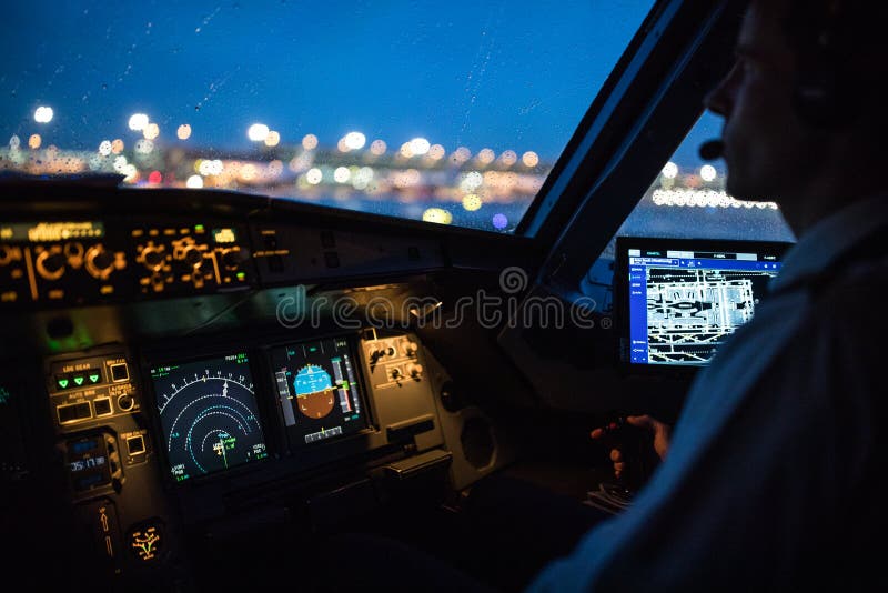 Airplane flight cockpit during takeoff