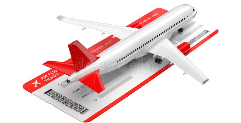 Commercial airplane, airliner with air flight tickets . Passenger plane with a red tail wing, take Off. 3D rendering