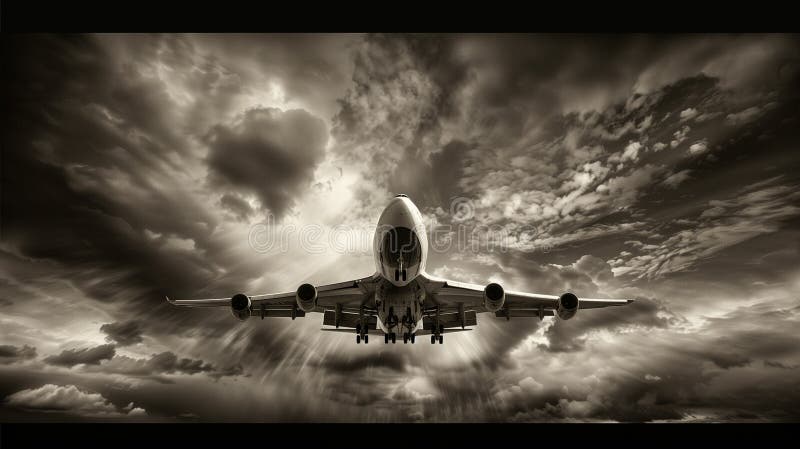 A commercial airplane climbs through the clouds, symbolizing progress and human ambition in aviation. stock illustration