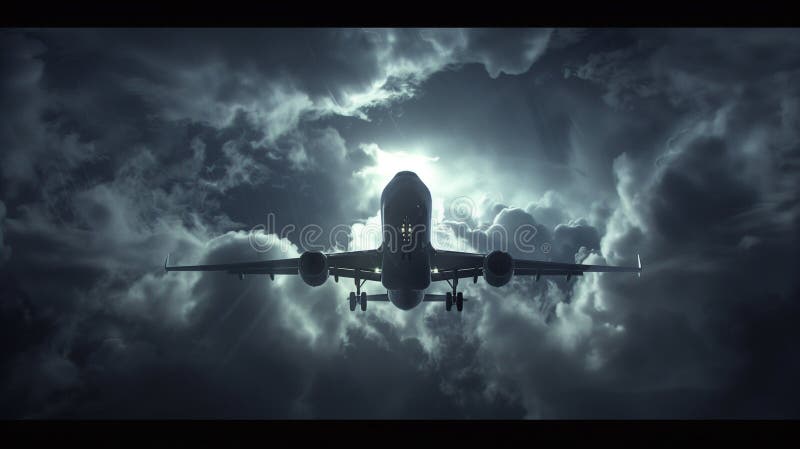 A commercial airplane climbs through the clouds, symbolizing progress and human ambition in aviation. stock illustration