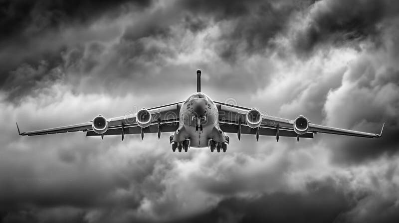A commercial airplane climbs through the clouds, symbolizing progress and human ambition in aviation. royalty free illustration