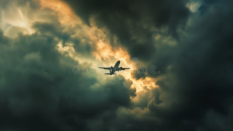 A commercial airplane climbs through the clouds, symbolizing progress and human ambition in aviation. royalty free illustration