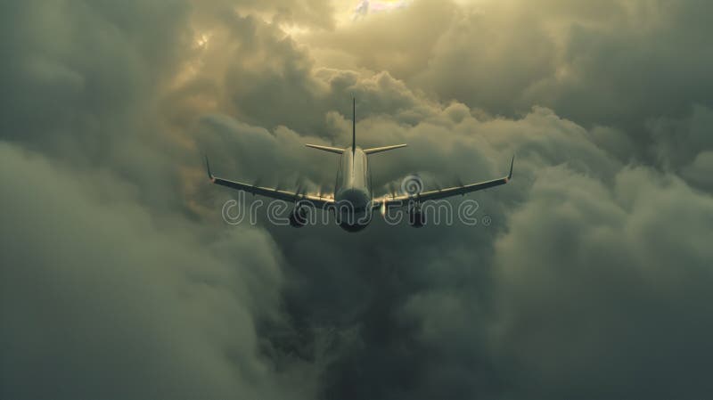 A commercial airplane climbs through the clouds, symbolizing progress and human ambition in aviation. royalty free illustration