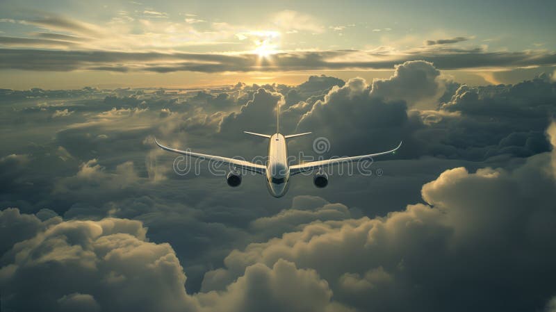 A commercial airplane climbs through the clouds, symbolizing progress and human ambition in aviation. royalty free illustration