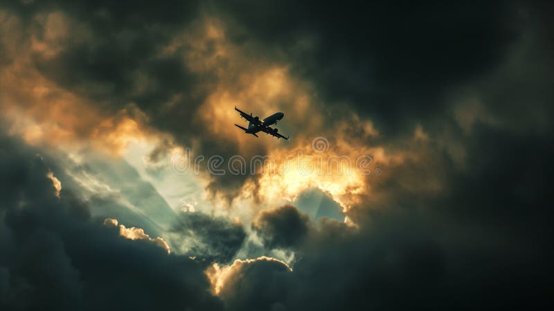 A commercial airplane climbs through the clouds, symbolizing progress and human ambition in aviation. stock illustration