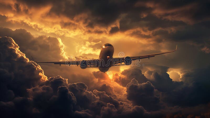 A commercial airplane climbs through the clouds, symbolizing progress and human ambition in aviation. stock illustration