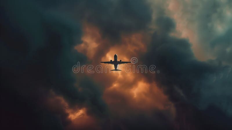 A commercial airplane climbs through the clouds, symbolizing progress and human ambition in aviation. stock illustration