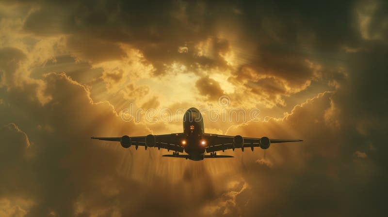 A commercial airplane climbs through the clouds, symbolizing progress and human ambition in aviation. stock illustration