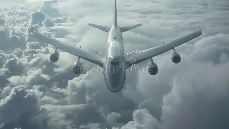 A commercial airplane climbs through the clouds, symbolizing progress and human ambition in aviation. stock illustration