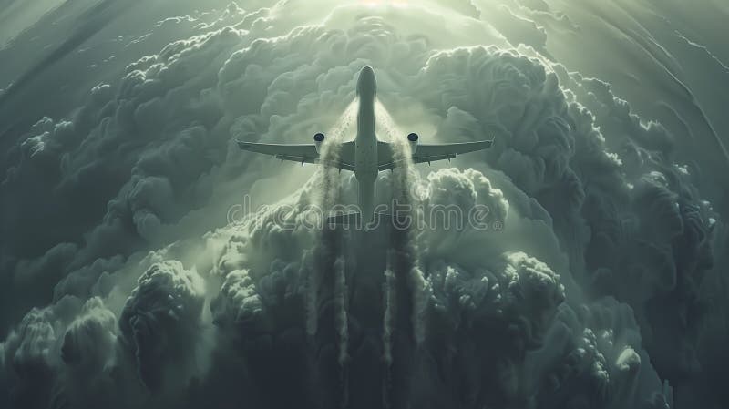 A commercial airplane climbs through the clouds, symbolizing progress and human ambition in aviation. vector illustration