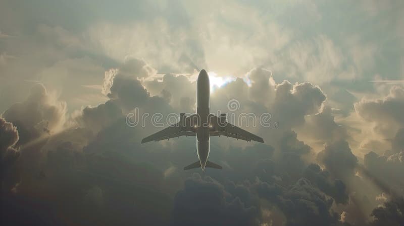 A commercial airplane climbs through the clouds, symbolizing progress and human ambition in aviation. stock illustration