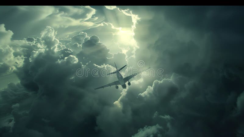 A commercial airplane climbs through the clouds, symbolizing progress and human ambition in aviation. stock illustration