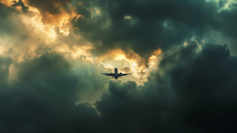A commercial airplane climbs through the clouds, symbolizing progress and human ambition in aviation. royalty free illustration