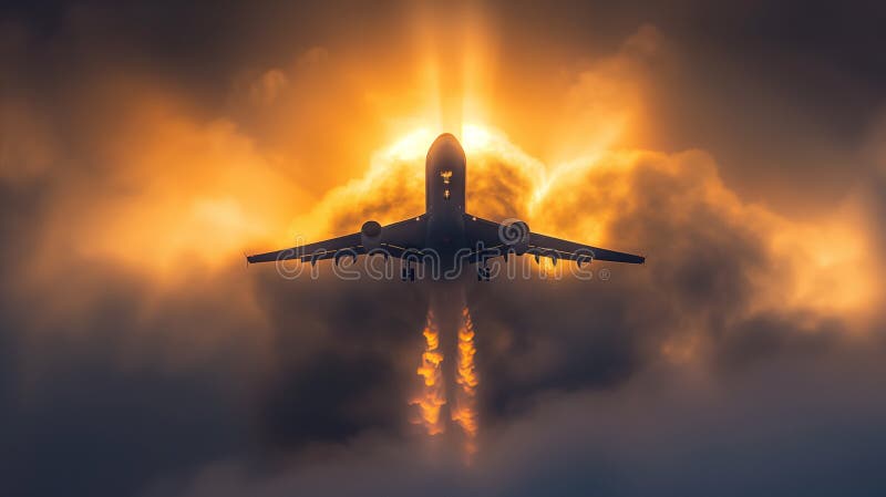 A commercial airplane climbs through the clouds, symbolizing progress and human ambition in aviation. vector illustration