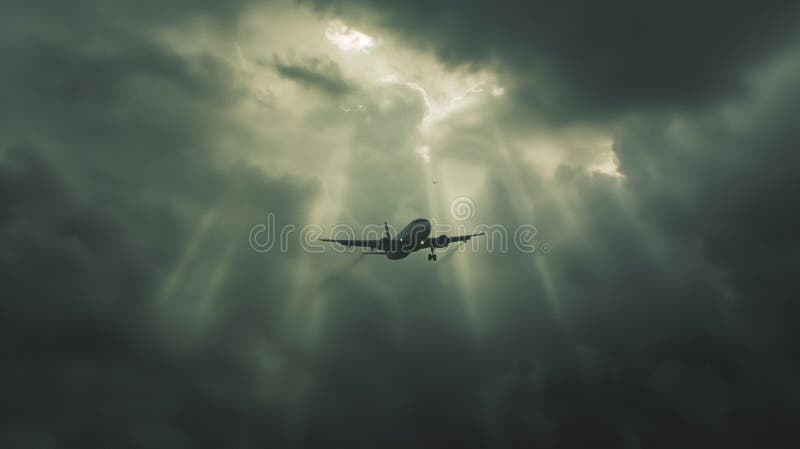 A commercial airplane climbs through the clouds, symbolizing progress and human ambition in aviation. royalty free illustration