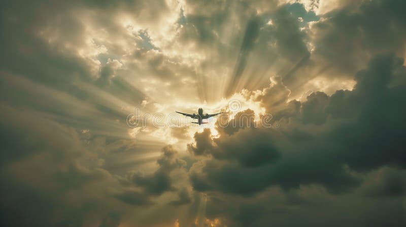 A commercial airplane climbs through the clouds, symbolizing progress and human ambition in aviation. vector illustration