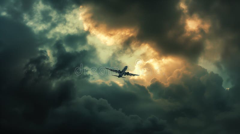 A commercial airplane climbs through the clouds, symbolizing progress and human ambition in aviation. royalty free illustration