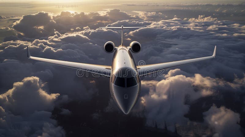 A commercial airplane climbs through the clouds, symbolizing progress and human ambition in aviation. stock illustration