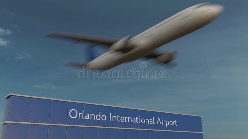 Commercial airplane taking off at Orlando International Airport Editorial 3D rendering stock photos Commercial airplane taking off at Orlando International Airport Editorial 3D rendering stock photos