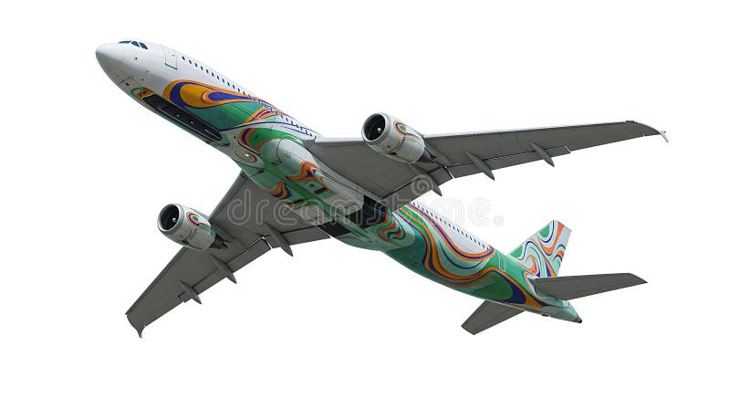 Commercial airplane viewed from below, showcasing a vibrant, swirling stock illustration