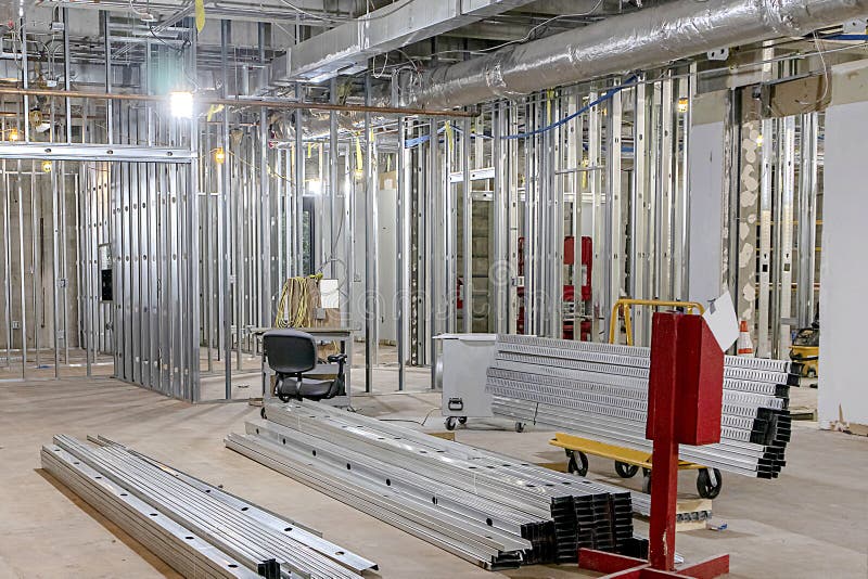 Commercial Building Interior Under Construction With Aluminum Framing