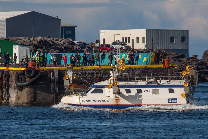 Commercial fishing boat 2746 Bergur Vigfús GK-43 sailing to port in Keflavik fully loaded with mackerel after being fishing near the south west coast of Iceland.