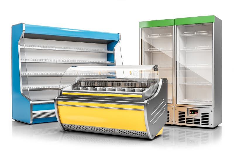 Commercial freezer display case, ice cream showcase and vertical refrigeration cabinet isolated on white background 3d