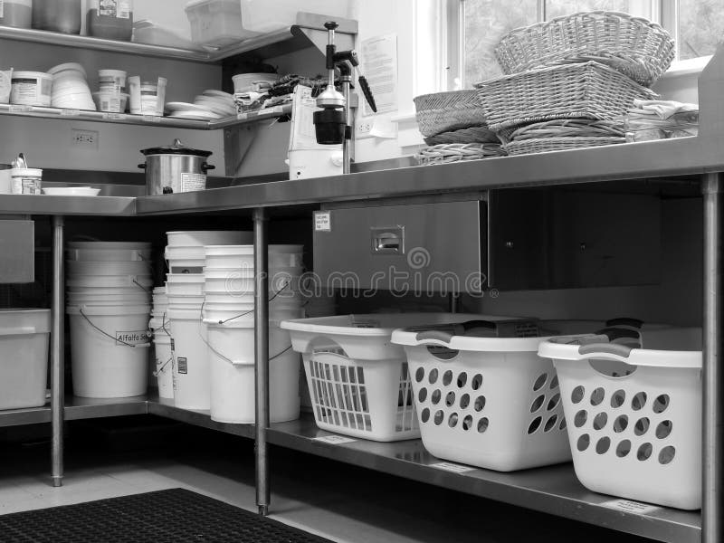 Commercial kitchen: laundry baskets stock images Commercial kitchen: laundry baskets stock images
