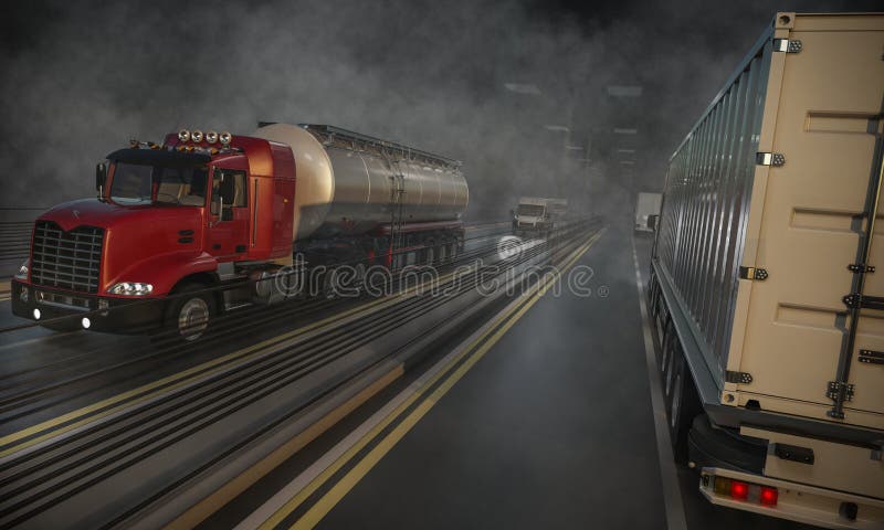 Commercial Land Vehicles Moving Along the Highway at Night stock illustration Commercial Land Vehicles Moving Along the Highway at Night stock illustration