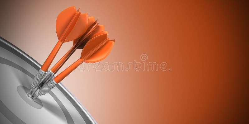 Three darts hitting the center of a target over orange background. Business success concept image. Three darts hitting the center of a target over orange background. Business success concept image.