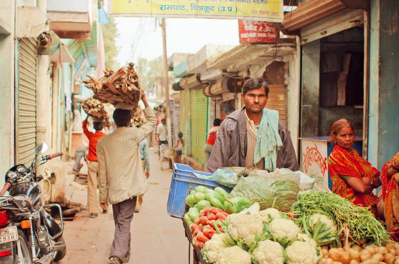 Commerciante della via che porta le carote, zucchini, cavolfiore al mercato di verdure del villaggio della città indiana immagine stock libera da diritti Commerciante della via che porta le carote, zucchini, cavolfiore al mercato di verdure del villaggio della città indiana immagine stock libera da diritti