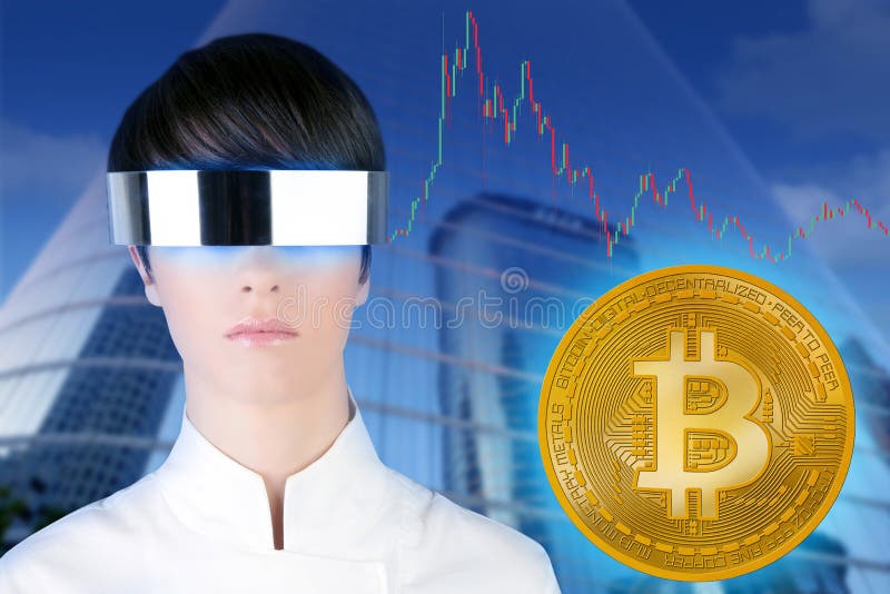 Commerciante futuristico di Bitcoin BTC della donna di vetro immagini stock Commerciante futuristico di Bitcoin BTC della donna di vetro immagini stock