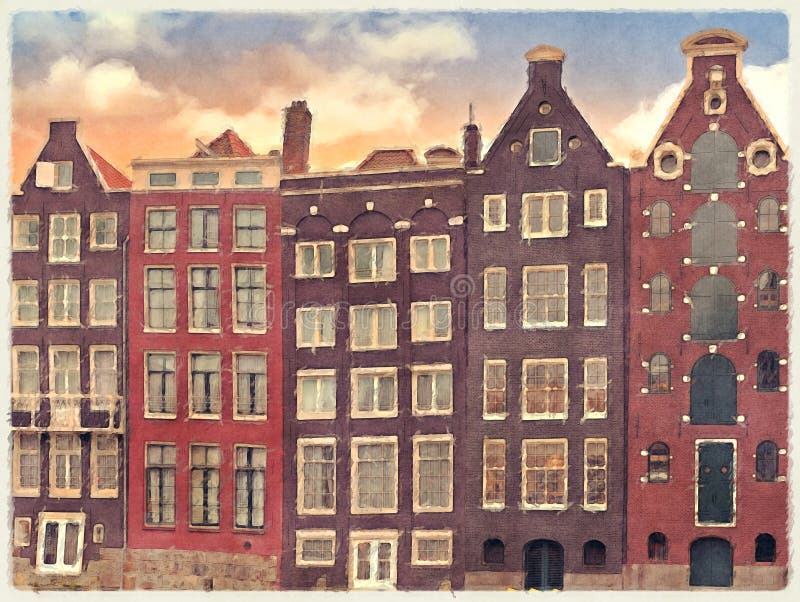 Commerciante Houses Watercolour di Amsterdam illustrazione vettoriale Commerciante Houses Watercolour di Amsterdam illustrazione vettoriale