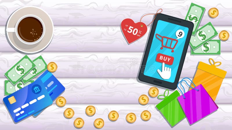 Commercio elettronico online di compera domestica Smartphone piano con lo sconto sul prezzo da pagare, sull'icona del carretto e royalty illustrazione gratis Commercio elettronico online di compera domestica Smartphone piano con lo sconto sul prezzo da pagare, sull'icona del carretto e royalty illustrazione gratis