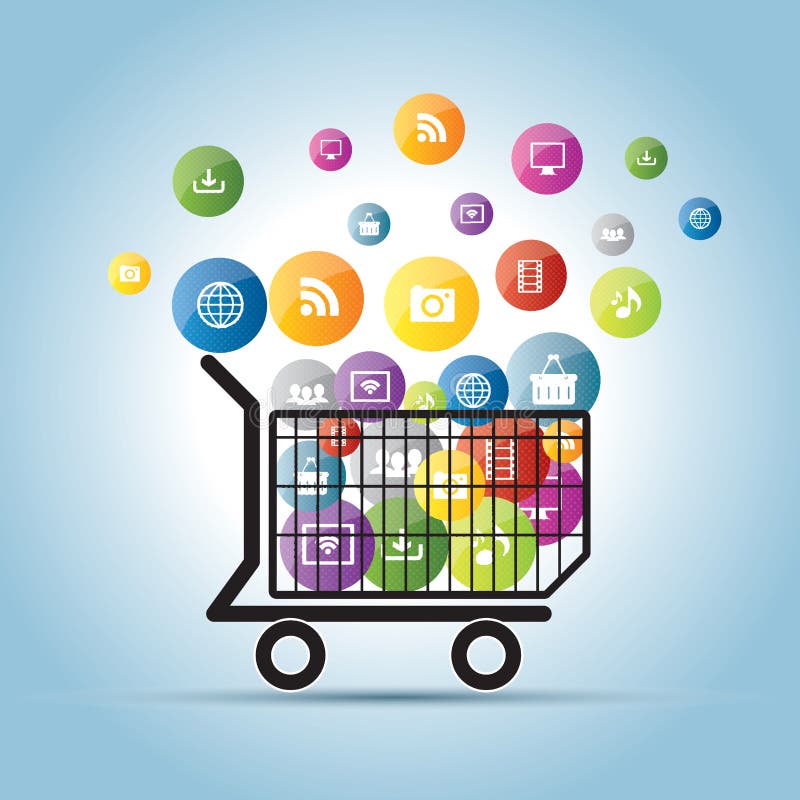 Commercio elettronico su Internet e sulla rete sociale illustrazione vettoriale Commercio elettronico su Internet e sulla rete sociale illustrazione vettoriale