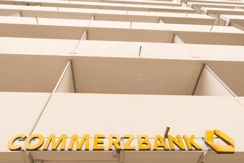 Commerzbank sign on a building with copy space