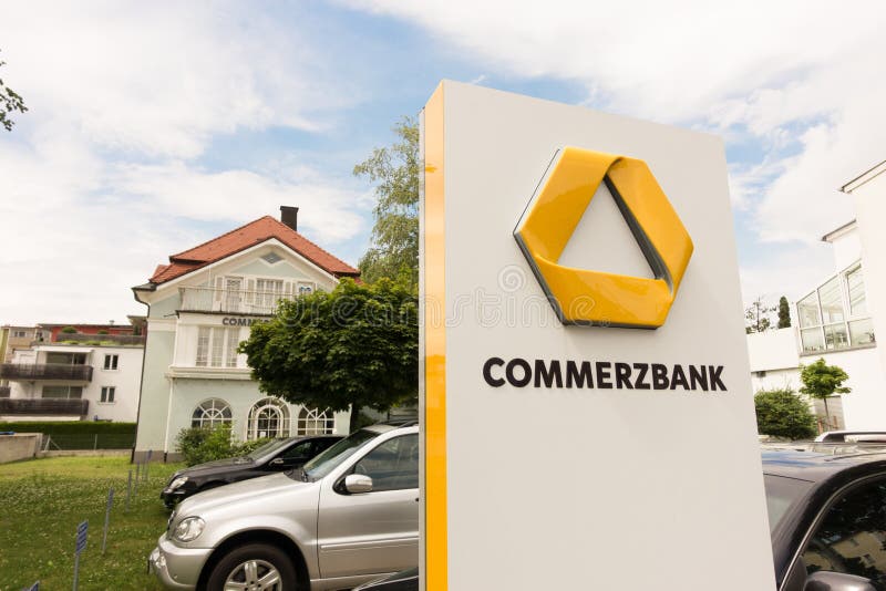 Commerzbank sign infront of one of their banks with copy space to the left