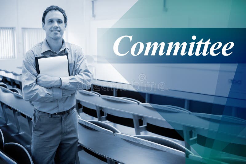 Committee against male teacher with notepad in the lecture hall royalty free stock photos