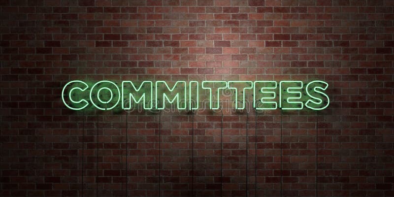 COMMITTEES - fluorescent Neon tube Sign on brickwork - Front view - 3D rendered royalty free stock picture