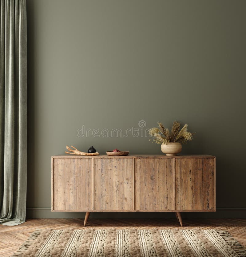 Dressoir met decoratie in een woonkamerinterieur, mockup achtergrond met donkergroene muur vector illustratie