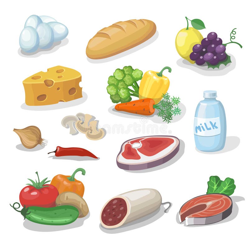 Common Everyday Food Products. Cartoon Icons Set Provision, Cheese And ...