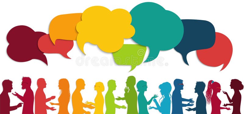 Communicatiegroepen mensen Wolk van spraakbelletje Spreekende menigte Netwerksilhouetprofiel Communiceren Maatschappelijke versch