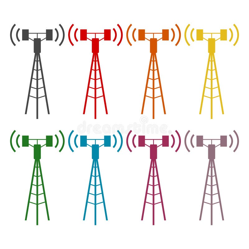 Communication Antenna Tower Icons Set with Long Shadow Stock