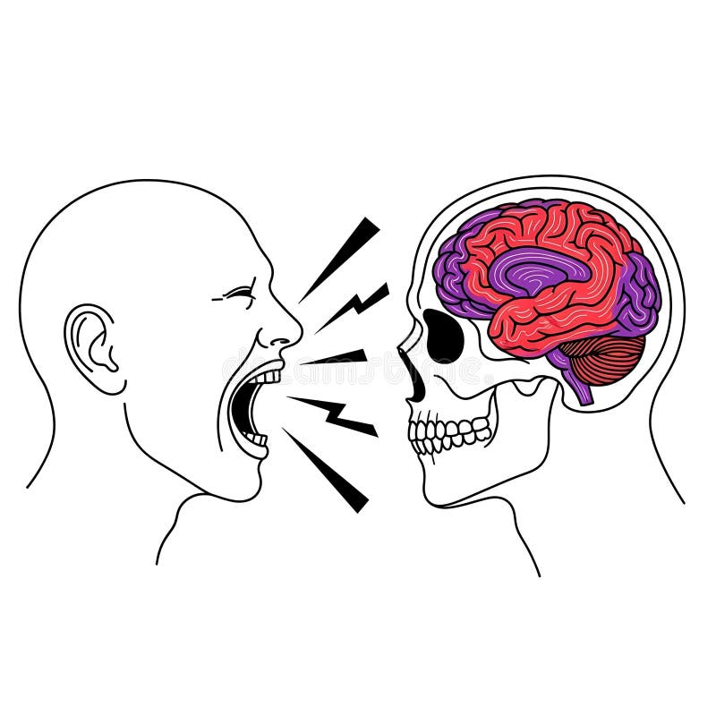 Visualizes the disconnect in communication, showing a shouting head impacting a detailed anatomical brain. Represents mental processing versus outward expression in a conceptual artistic style. Brain disconnect illustrations