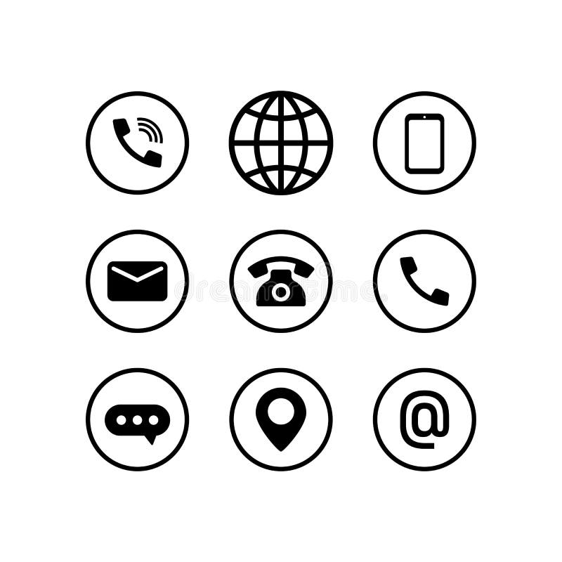 Communication icon set in black. Call, browser, phone, message, location and email sign. Vector EPS 10. Isolated on white royalty free illustration