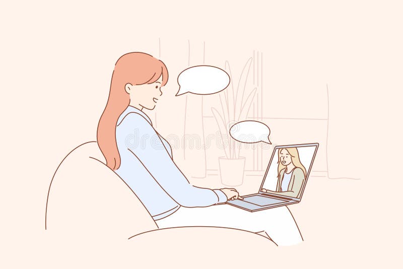 Communication, freelance, video conference business concept. Young woman or girl freelancer cartoon character sitting on chair at home talking with friend online. Remote work at isolation illustration. Communication, freelance, video conference business concept. Young woman or girl freelancer cartoon character sitting on chair at home talking with friend online. Remote work at isolation illustration
