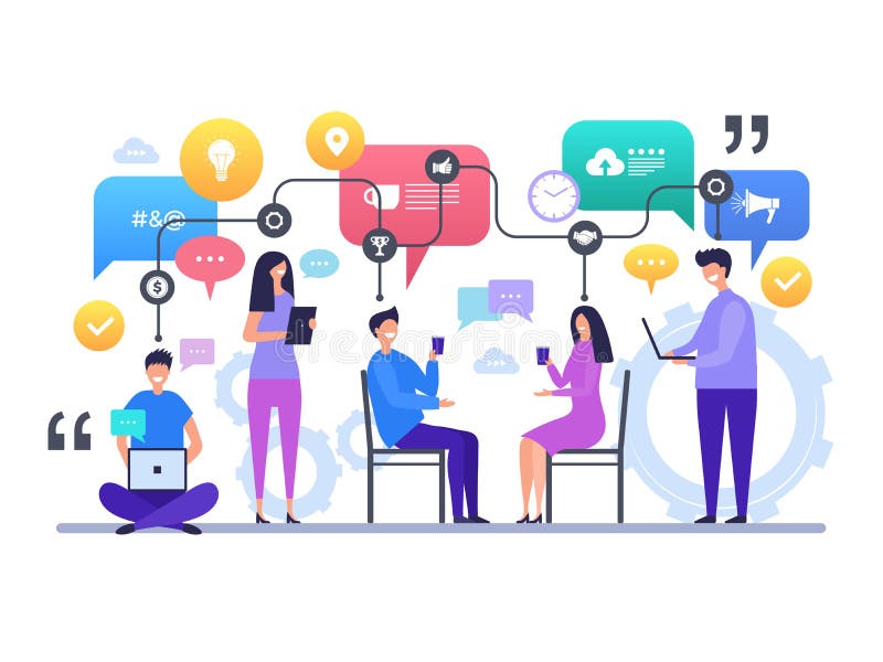 Communication people. Talking chatting global social network discussion vector characters concept scene vector illustration
