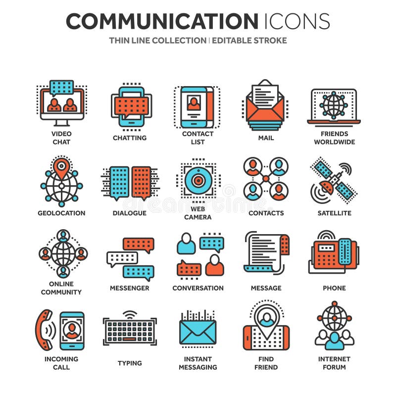 Communication. Social media Online chatting Phone call, app messenger. Mobile,smartphone. Computing, Email. Thin line stock illustration