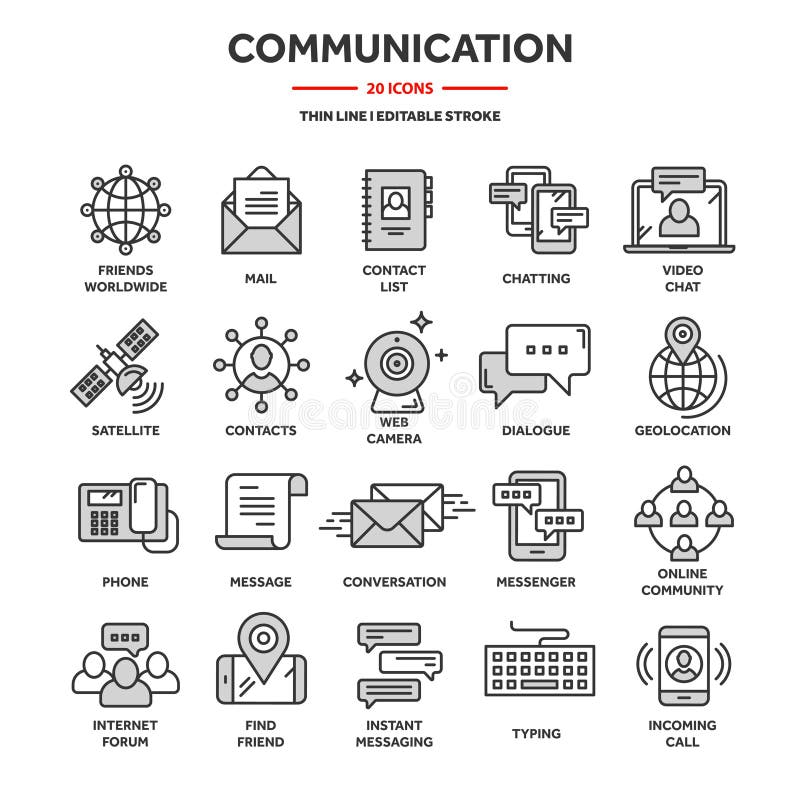 Communication,social media and online chatting. Phone call,app messenger. Mobile,smartphone. Computing, email. Thin line stock illustration