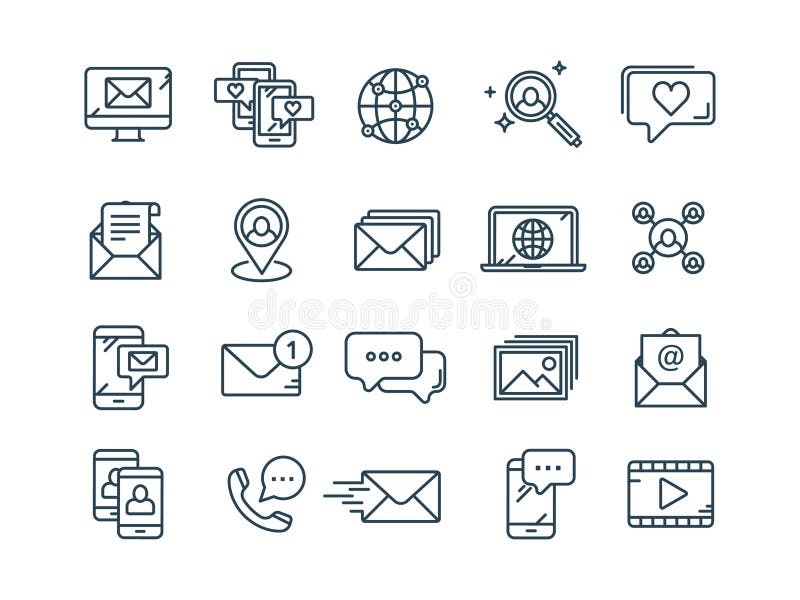 Communication,social media and online chatting. Phone call,app messenger. Mobile,smartphone. Computing, email. Thin line royalty free illustration